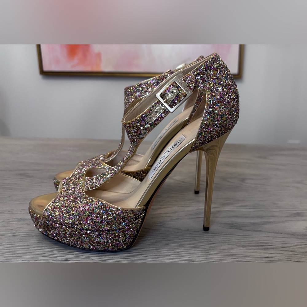 Jimmy Choo Glitter Glitter Accents T-Strap Platforms Size 38 - Picture 2 of 11